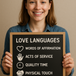 Eine Frau hält eine Tafel hoch, auf der die 5 Love Languages mit Symbol und Namen abgebildet sind.